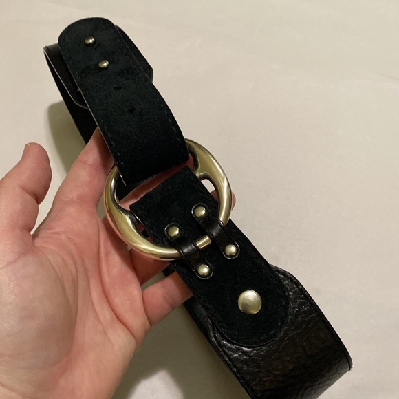 Fossil Black Leather & Suede Waist Belt with Silver Tone Hardware XS - Picture 6 of 16